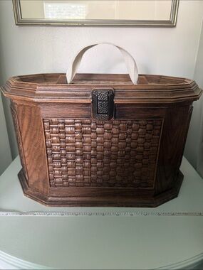 Lerner Wooden Woven-Pattern Sewing Box with Cream Handle - Circa 1960-1970s